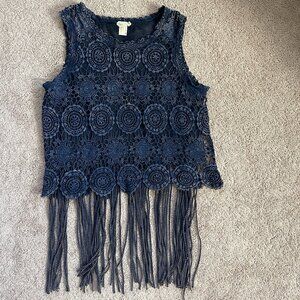 BKE Bohemian Vintage Inspired Crochet Navy Fringe Tank Artsy Womens M